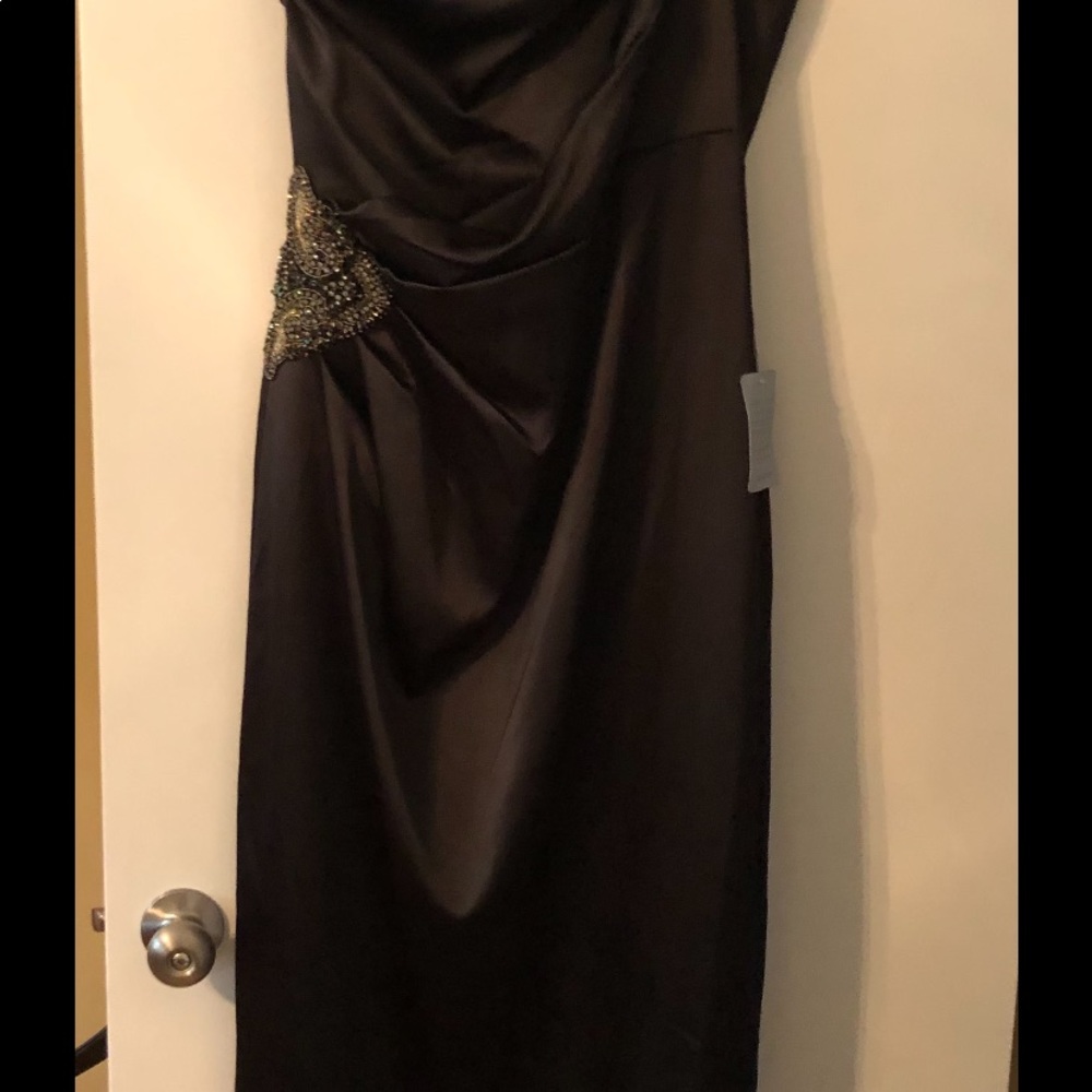 Eliza j black satin one shoulder gown